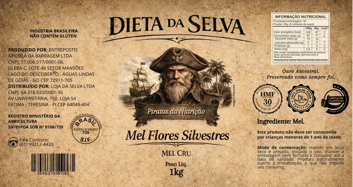 Rótulo do Mel da Selva: ingrediente único, tabela nutricional e registro no Ministério da Agricultura