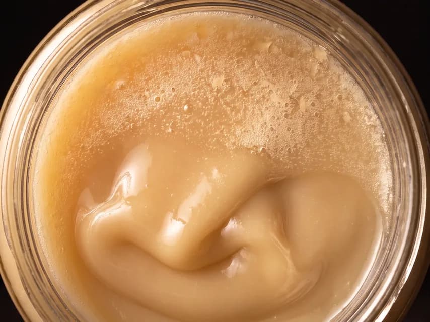 Mel cremoso visto de cima, dentro do pote — superfície densa, com dobras e espuma fina de cera